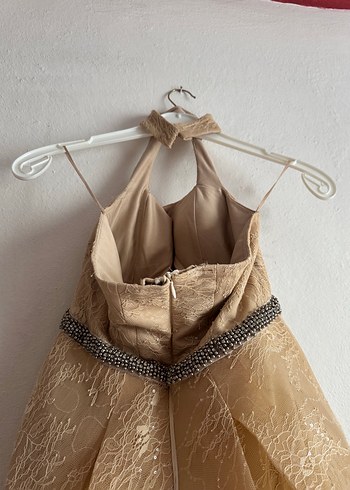 Bej Drapeli Uzun halter yaka Nişan Elbisesi - Görsel 3