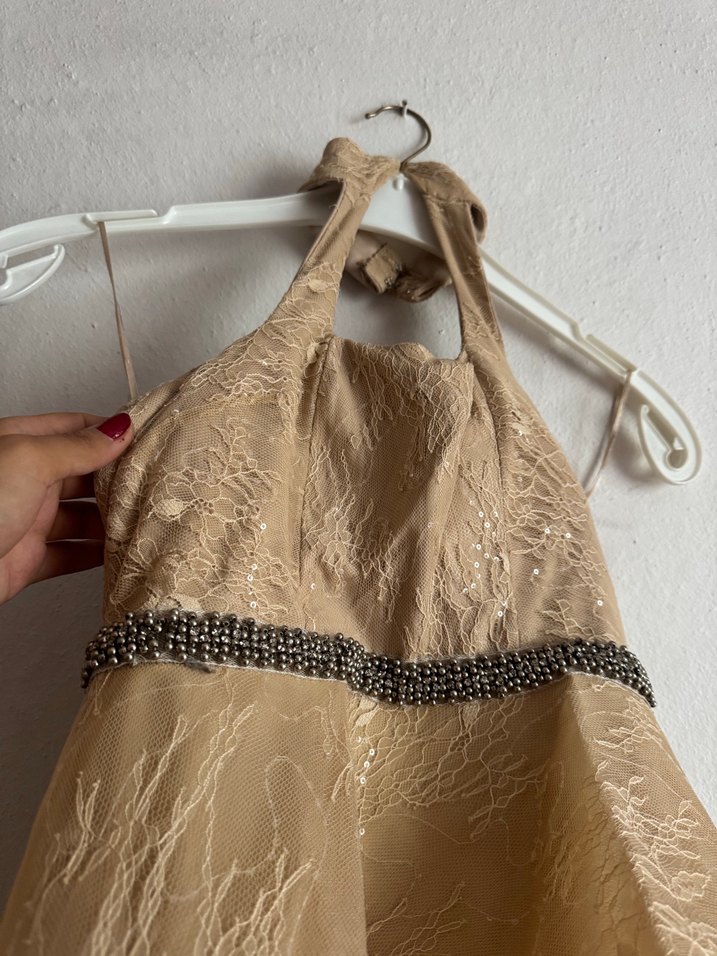 Bej Drapeli Uzun halter yaka Nişan Elbisesi - Görsel 4