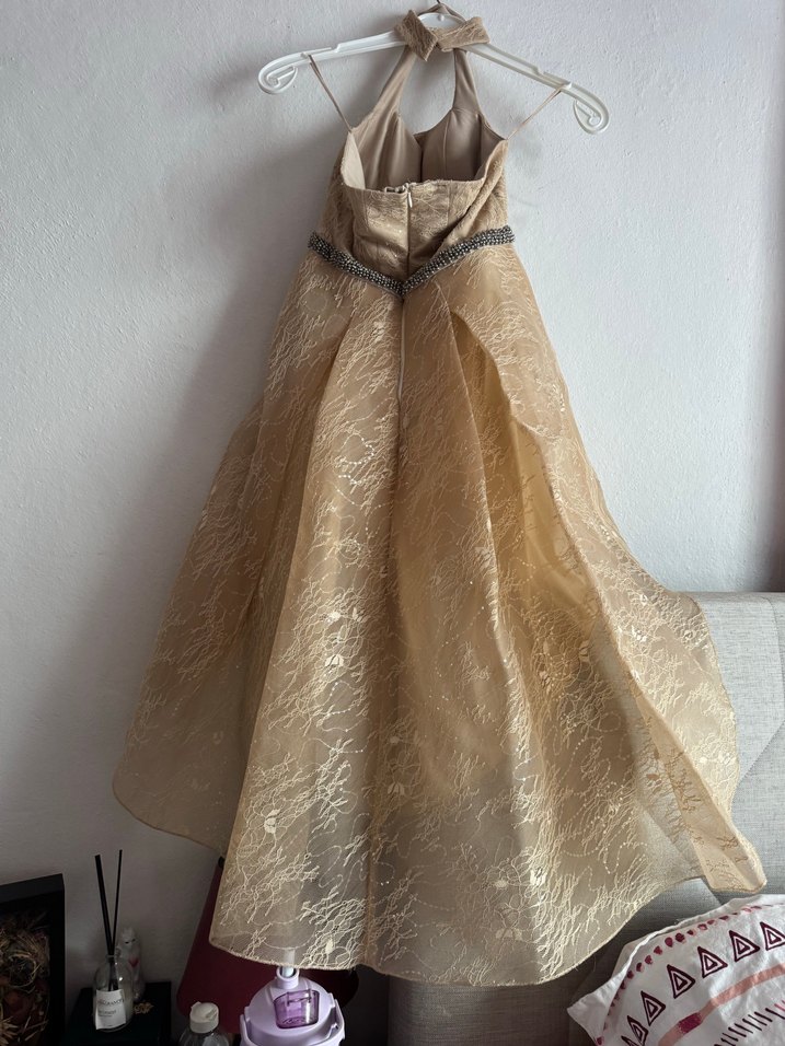 Bej Drapeli Uzun halter yaka Nişan Elbisesi - Görsel 2