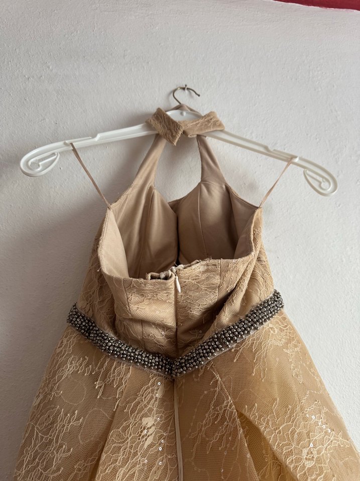 Bej Drapeli Uzun halter yaka Nişan Elbisesi - Görsel 3