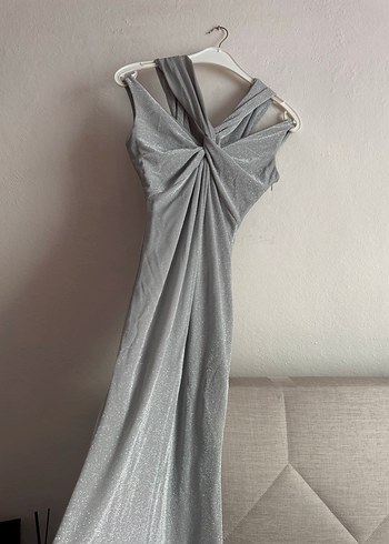 Gri Drapeli V Yaka Uzun Abiye Elbise - Görsel 2