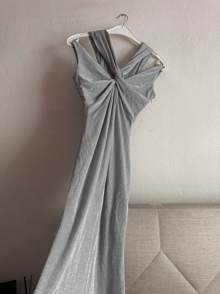 Gri Drapeli V Yaka Uzun Abiye Elbise - Görsel 2