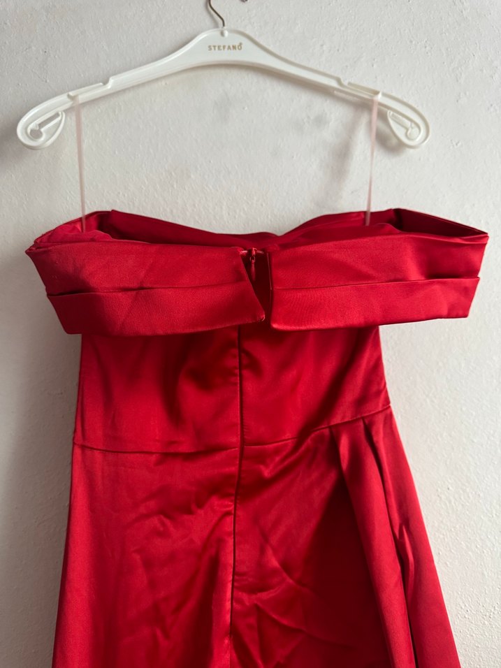 Kırmızı Drapeli Straplez Midi Abiye Elbise - Görsel 4