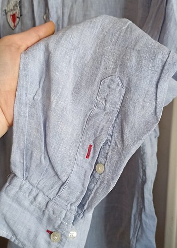 Nakışlı Mavi Keten Erkek Gömlek - Görsel 3