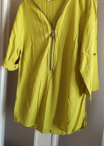 Yeşil Midi Keten V Yaka Fermuarlı Tunik - Görsel 2