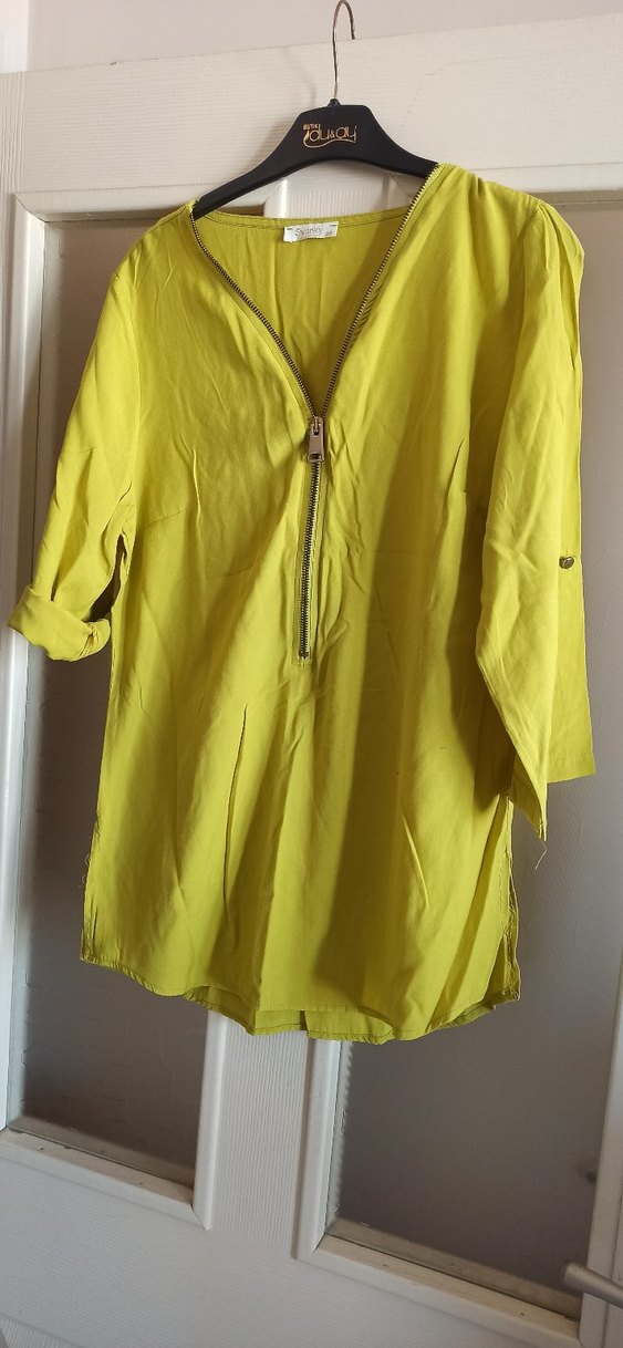 Yeşil Midi Keten V Yaka Fermuarlı Tunik - Görsel 2