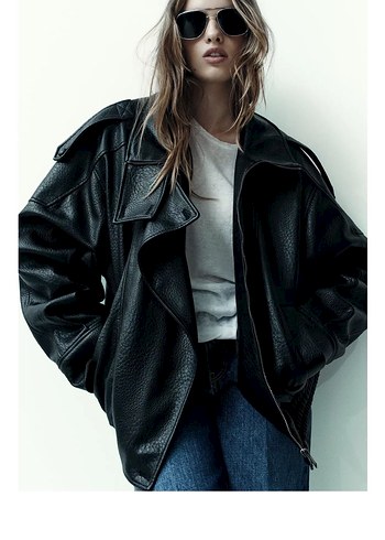 Zara Siyah Deri Oversize Biker Ceket