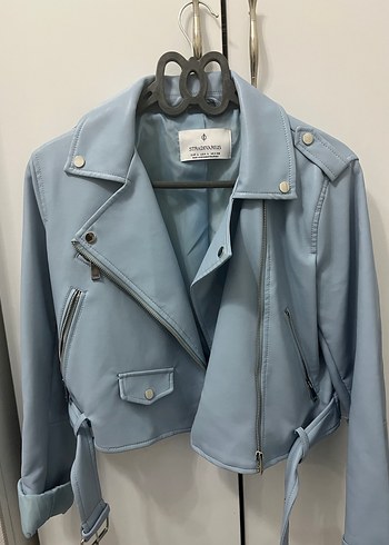 Stradivarius Mavi Kemerli Kısa Deri Ceket