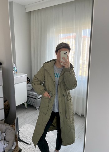 xs Beden haki Renk Xside kapüşonlu kendinden desenli mont