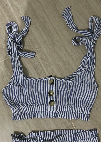 Düğmeli Çizgili Kadın Bustiyer ve Mini Etek Takımı - Görsel 2