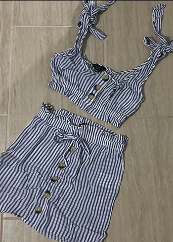 Düğmeli Çizgili Kadın Bustiyer ve Mini Etek Takımı - Görsel 5