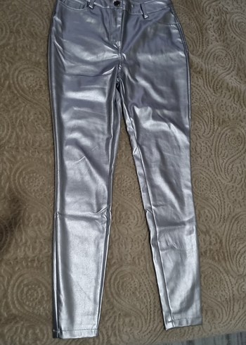 Gri Metalik Deri Kadın Pantolon - Görsel 2