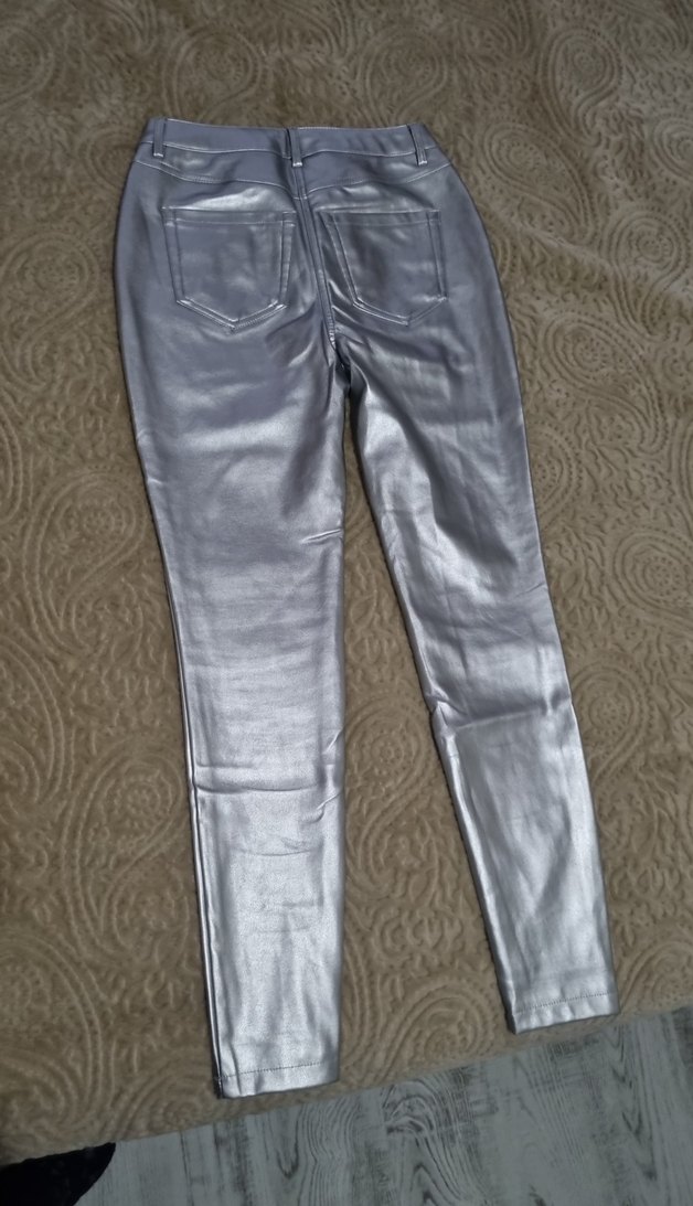 Gri Metalik Deri Kadın Pantolon - Görsel 3