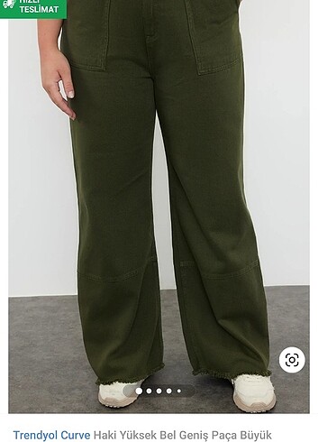 Haki yüksek bel geniş paça büyük beden wide leg jean