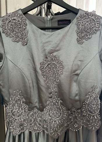 Gri Nakışlı Uzun Kollu Kadın Abiye Elbise - Görsel 2