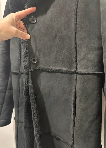 Kürklü Siyah Uzun Süet Kadın Kaban - Görsel 2