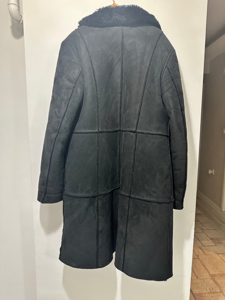 Kürklü Siyah Uzun Süet Kadın Kaban - Görsel 4