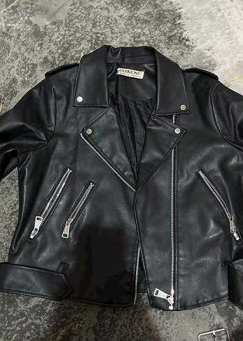 Siyah Deri Biker Ceket, Kürklü Detaylı
