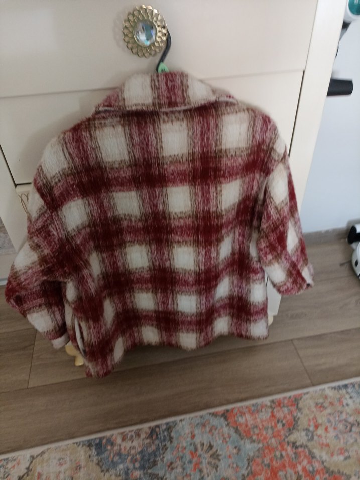 Bordo Gri Ekoseli Kısa Yün kaban - Görsel 4