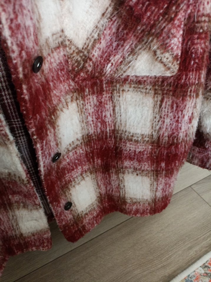 Bordo Gri Ekoseli Kısa Yün kaban - Görsel 3