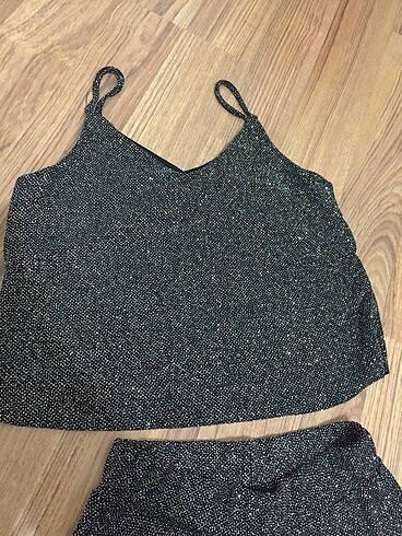 Simli ispanyol paça pantolon crop takım