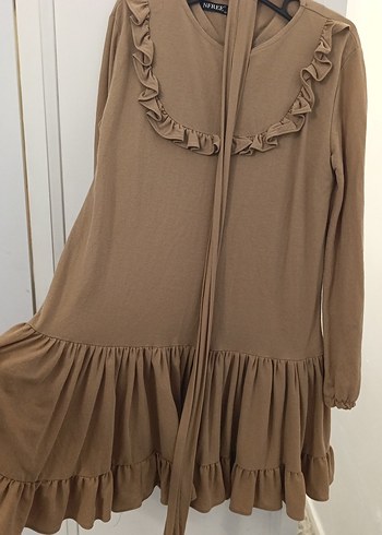 Uzun Kollu Bej Rahat Kesim Triko Elbise tunik - Görsel 5