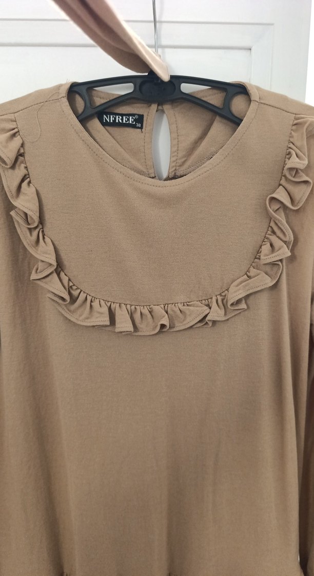 Uzun Kollu Bej Rahat Kesim Triko Elbise tunik - Görsel 3