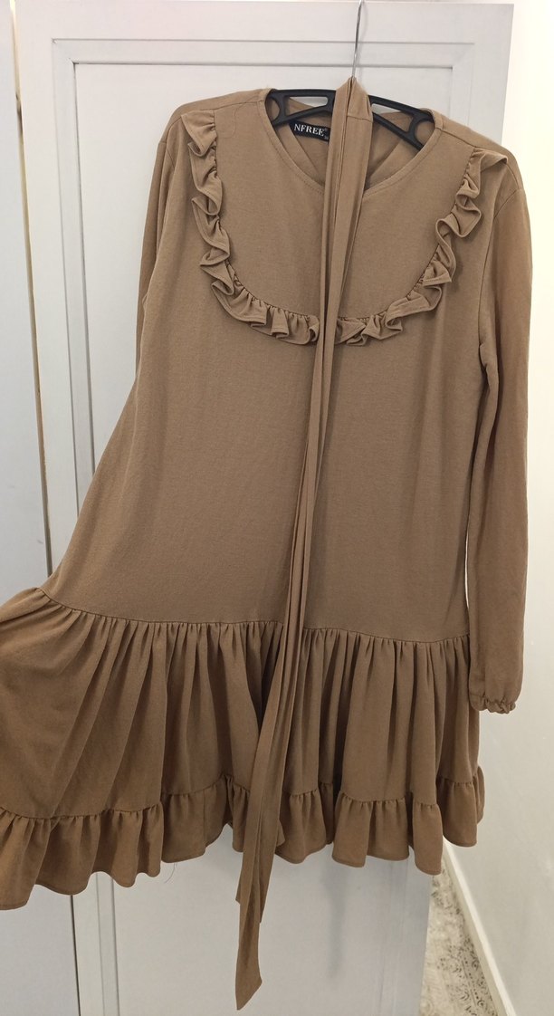 Uzun Kollu Bej Rahat Kesim Triko Elbise tunik - Görsel 5