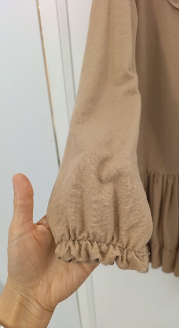 Uzun Kollu Bej Rahat Kesim Triko Elbise tunik - Görsel 2