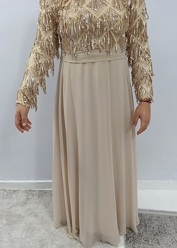 Bej Nakışlı Uzun Kollu Kadın Abiye Elbise - Görsel 2