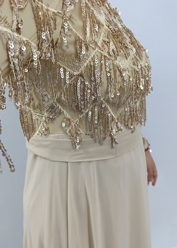 Bej Nakışlı Uzun Kollu Kadın Abiye Elbise - Görsel 8