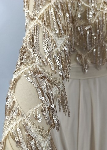 Bej Nakışlı Uzun Kollu Kadın Abiye Elbise - Görsel 6