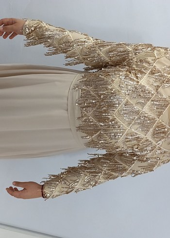 Bej Nakışlı Uzun Kollu Kadın Abiye Elbise - Görsel 4