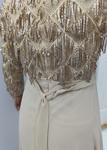 Bej Nakışlı Uzun Kollu Kadın Abiye Elbise - Görsel 9