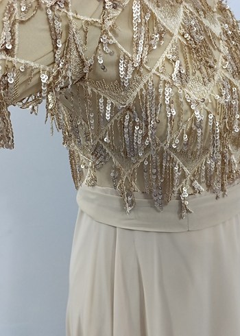 Bej Nakışlı Uzun Kollu Kadın Abiye Elbise - Görsel 7