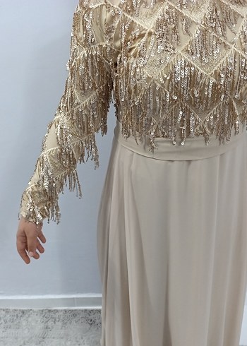 Bej Nakışlı Uzun Kollu Kadın Abiye Elbise - Görsel 5