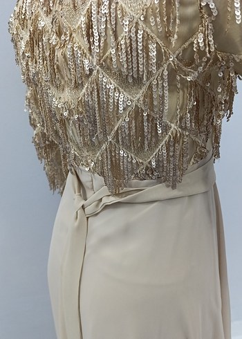 Bej Nakışlı Uzun Kollu Kadın Abiye Elbise - Görsel 10