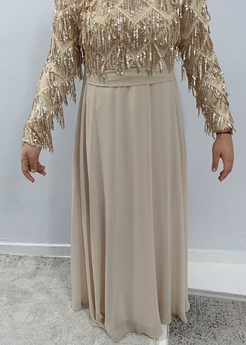 Bej Nakışlı Uzun Kollu Kadın Abiye Elbise - Görsel 3