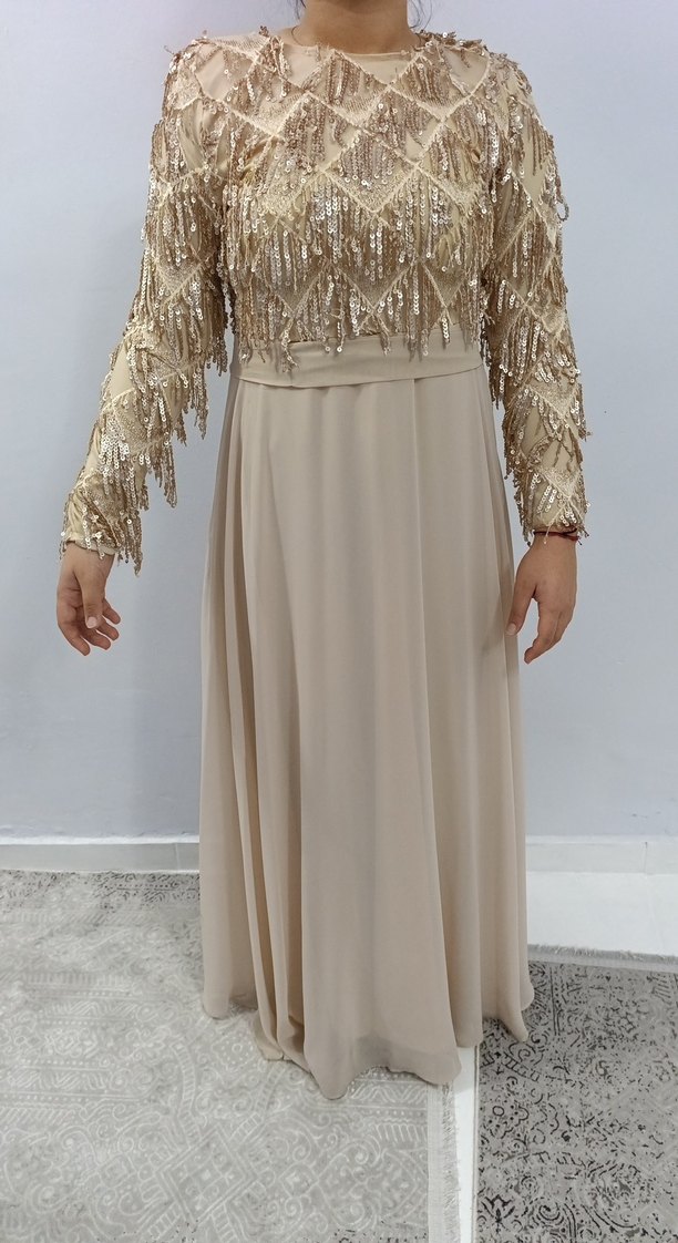 Bej Nakışlı Uzun Kollu Kadın Abiye Elbise - Görsel 2