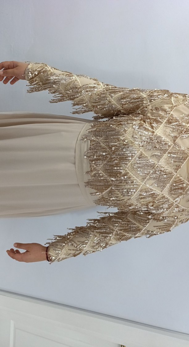 Bej Nakışlı Uzun Kollu Kadın Abiye Elbise - Görsel 4