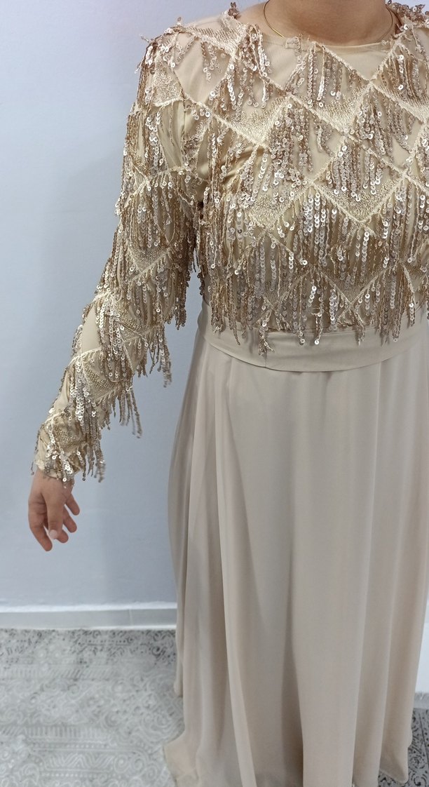 Bej Nakışlı Uzun Kollu Kadın Abiye Elbise - Görsel 5