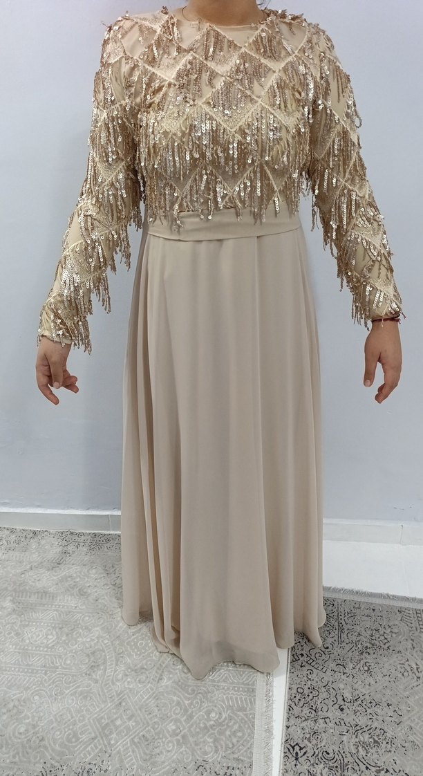 Bej Nakışlı Uzun Kollu Kadın Abiye Elbise - Görsel 3