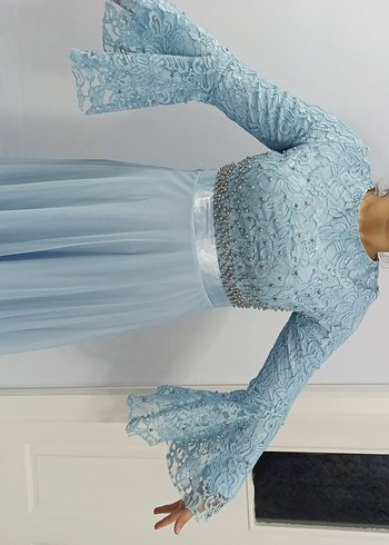 Kadın Mavi Nakışlı Uzun Abiye Elbise - Görsel 7