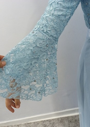 Kadın Mavi Nakışlı Uzun Abiye Elbise - Görsel 6