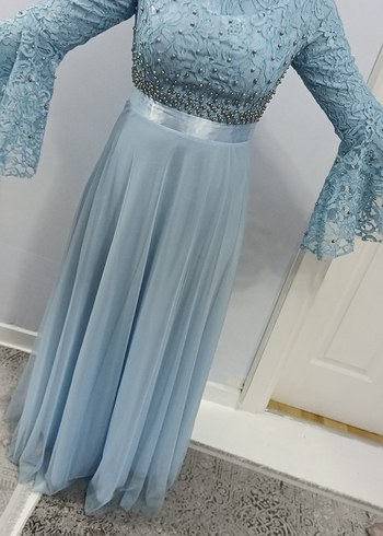 Kadın Mavi Nakışlı Uzun Abiye Elbise - Görsel 9