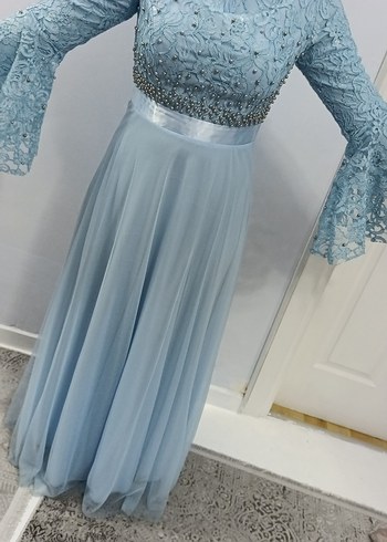 Kadın Mavi Nakışlı Uzun Abiye Elbise - Görsel 8