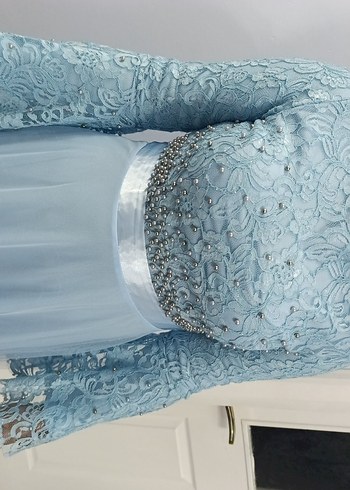 Kadın Mavi Nakışlı Uzun Abiye Elbise - Görsel 5