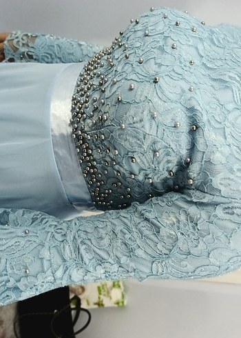 Kadın Mavi Nakışlı Uzun Abiye Elbise - Görsel 4