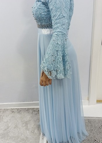 Kadın Mavi Nakışlı Uzun Abiye Elbise - Görsel 2