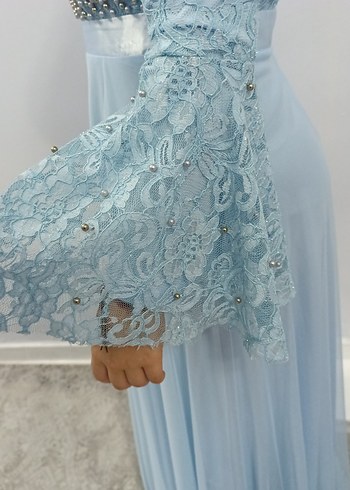 Kadın Mavi Nakışlı Uzun Abiye Elbise - Görsel 3